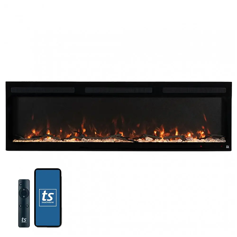 Lareira Elétrica Inteligente Touchstone The Fury 165cm Largura 11,5cm Fina Embutida na Parede com Chamas Realistas, 10 Cores de Chama/Brasa