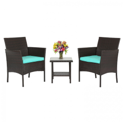 Conjunto de Móveis de Exterior FDW 3 Peças - Cadeiras de Vime Marrom para Varanda com Almofadas Azuis e Mesa de Café de Vidro - Para Jardim