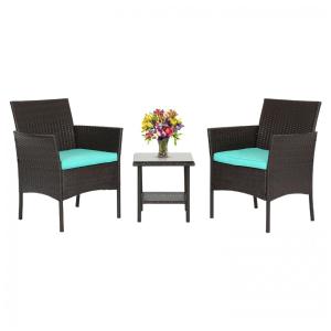 Conjunto de Móveis de Exterior FDW 3 Peças - Cadeiras de Vime Marrom para Varanda com Almofadas Azuis e Mesa de Café de Vidro - Para Jardim