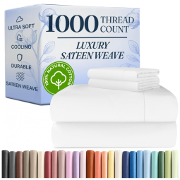 Conjunto de Lençóis em Algodão Egípcio de 1000 Fios, Tamanho Queen, Roupa de Cama de Luxo, Super Macio e Respirável, CGK Unlimited, Branco