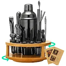 Kit Bn Profissional 19 Peças em Aço Inoxidável com Suporte de Bambu, Cor, X COSRACK Black, Preto