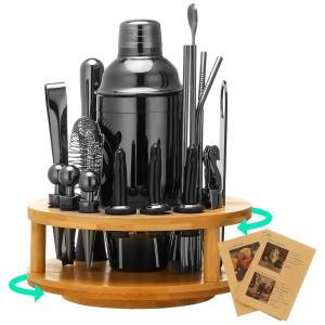 Kit Bn Profissional 19 Peças em Aço Inoxidável com Suporte de Bambu, Cor, X COSRACK Black, Preto