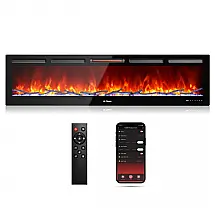 Lareira Elétrica de Embutir A45x182L cm com Estalo Sonoro, Chama Realista, Controle Remoto e APP, 110V 1500W, TURBRO