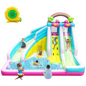 Parque Aquático Inflável 6 em 1 com Tema Flamingo, Tobogã Duplo, Piscina de Splash - Diversão Garantida no Quintal!Hemopow