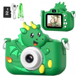 Câmera Selfie Infantil Goopow verde para meninas/meninos de 3 a 9 anos, digital com capa protetora e cartão SD 32GB incluso, 11 x 19 x 3 cm