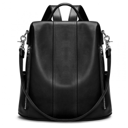 Mochila Feminina de Couro Conversível para Bolsa de Ombro, S ZONE, Preta