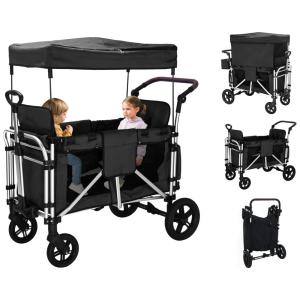 Carrinho de Passeio Vagão para 2 Crianças com Assentos Altos e Capota Ajustável, WANAN, Cinza