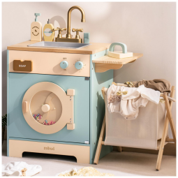 Conjunto de Lavanderia Educativa de Madeira com Máquina de Lavar e Secar para Crianças, Design Realista com Acessórios - Brinquedo Educativo