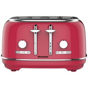 Torradeira Retrô 4 Fatias em Aço Inoxidável com Controle de Tostagem e Bandeja de Migalhas Removível, 1500W, Homeart, Vermelha