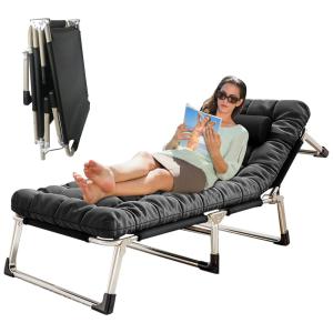 Espreguiçadeira Dobrável Portátil com Bolsa de Transporte e Camada Dupla para Acampamento e Praia, Foxtel, Preta