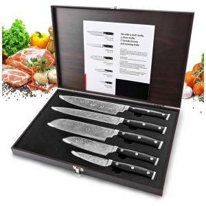 Conjunto de Facas em Aço Inoxidável com Caixa de Madeira, 5 Peças, MIFIATIN, Preto