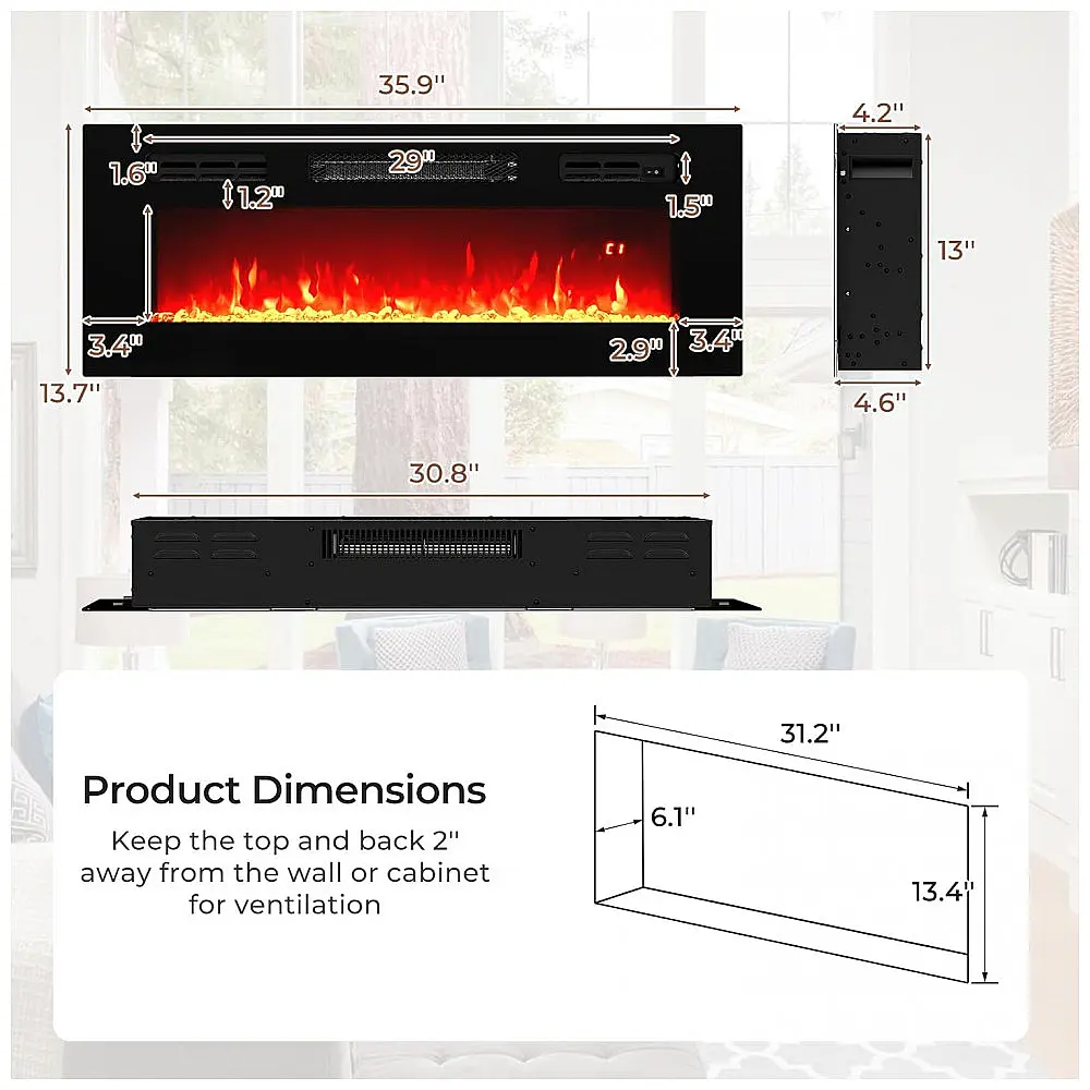 Lareira Elétrica COSTWAY 91x35cm 1500W Chamas LED Ajustáveis Embutir 110V — foto 3