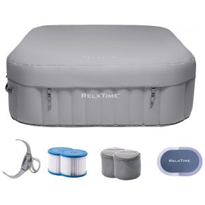 Spa Inflável Hidromassagem para 4 Pessoas com 130 Jatos, Cartucho de Filtro e Tampa, RELXTIME, Cinza