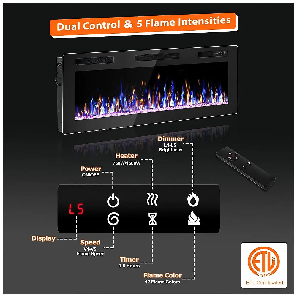 Lareira Elétrica VENDORZ 107x46cm 1500W 12 Cores LED Timer Embutir 110V — foto 3
