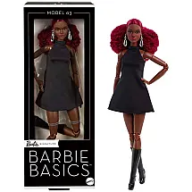 Boneca colecionável Barbie Basics Model 03 com cabelo cacheado ruivo, vestido preto e botas, corpo alto articulado 2025