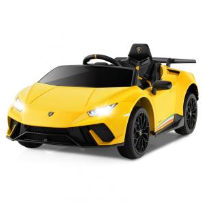 Carro Elétrico Infantil Licenciado Lamborghini Huracan OLAKIDS Amarelo 12V com Controle Remoto, 2 Velocidades, Suspensão, Bluetooth e USB