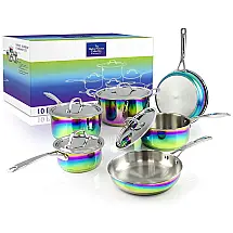 Magical Kitchen Conjunto de Panelas e Frigideiras de Aço Inoxidável e Titânio, 10 Peças, Arco Íris, THE SNEAKY CHEF, Azul