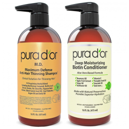 Shampoo e Condicionador PURA D'OR MD Anti-Thinning Biotin, 473ml cada, Blend Herbal, Tar, Sem Sulfato, Para Afinamento Capilar