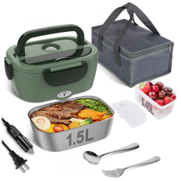 Marmita Elétrica Portátil 1,5L com Garfo, Colher e Bolsa para Transporte, 12V 1110V 60W, Vabaso, Verde Escuro