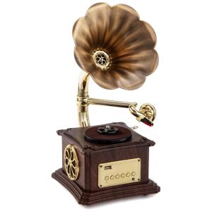 Gramofone Toca Discos Retrô com Entrada USB, AUX, Rádio FM e Bluetooth, MEAGEAL, Marrom