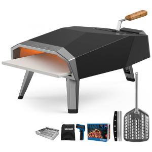 Forno de Pizza a Gás Portátil com Pedra, Descascador, Cortador de Pizza, Termômetro Infravermelho e Tampa , Ecowell EPO12L, Preto