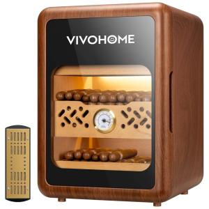 VIVOHOME Umidor: Armário de Cedro Espanhol c/ 3 Prateleiras e Gaveta, 200 Charutos, Iluminação, Higrômetro e Umidificador, 1,5m de Altura
