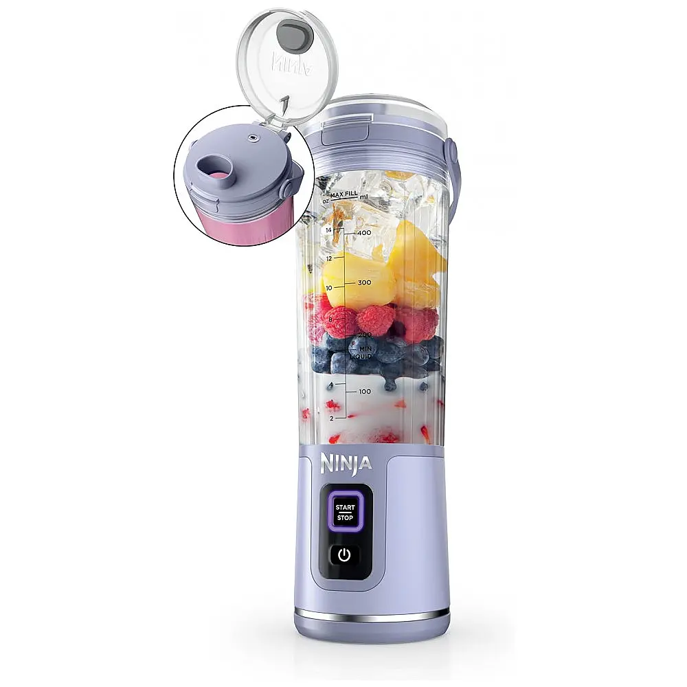 Liquidificador Portátil Ninja Blast, Sem Fio, Recipiente 530ml, Tampa Antivazamento com Bico, Lavanda Suave, BC151ML, 7.