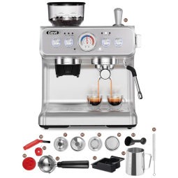 Máquina de Café Expresso 20 Bar com Moedor Embutido e Vaporizador de Leite, 110V 1350W, Gevi, Prata