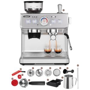 Máquina de Café Expresso 20 Bar com Moedor Embutido e Vaporizador de Leite, 110V 1350W, Gevi, Prata