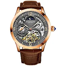 Relógio Automático Homem, Masc AM, PM Lua, Sol Couro, STUHRLING 3921.4, Dourado escuro