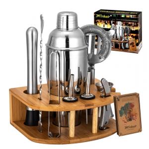 Kit Bartender Profissional 11 Peças em Aço Inoxidável com Suporte de Bambu, JMTnker, Prata