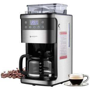 Cafeteira Programável 10 Xícaras com Moedor de Café Integrado, 110V 950W, Homtone, Preta e Aço Inoxidável