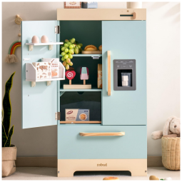 Geladeira Educativa ROBUD com Máquina de Gelo, Mini Geladeira de Madeira para Crianças, Cozinha de Brinquedo com Acessórios