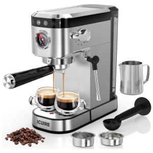 Máquina de Café Expresso em Aço Inoxidável com Painel Digital e Bocal de Leite, 110V 1350W, ICUIRE, Prata