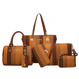 Conjunto de Bolsas Femininas 6 Peças com Carteira, 2E youth, Marrom Listradp