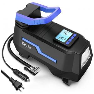 Compressor de Ar com Fio Portátil 150 PSI Recarregável com Tela LED e Desligamento Automático, 12V, VacLife, Preto e Azul