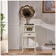 Gramofone Toca Discos Retrô com Base de Madeira e Buzina de Cobre, SEFAX, Branco