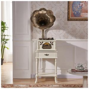 Gramofone Toca Discos Retrô com Base de Madeira e Buzina de Cobre, SEFAX, Branco