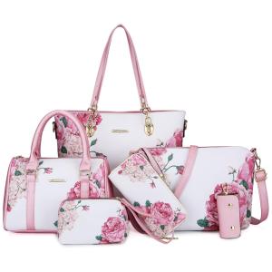 Conjunto de Bolsas Femininas de Couro Sintético, 6 Unidades, Estampa Florida, 2E YOUTH, Branco