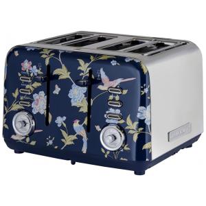 Torradeira 4 Fatias em Aço Inox Laura Ashley Azul Marinho com estampa floral Elveden, Slots Largos, 7 Níveis, Funções Descongelar
