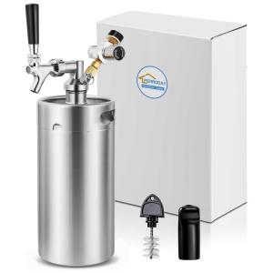 FERRODAY Chopeira Portátil 3.7L com Torneira e Regulador de CO2, Aço Inoxidável, Prata