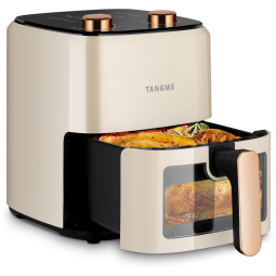 Fritadeira Elétrica Air Fryer 5,4L com Janela de Visualização, Desligamento Automático e Cesto Antiaderente, 110V 1350W, TANGME, Bege