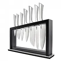 Conjunto de Facas Cuisine::pro Damashiro 8 Peças Satori com Bloco em Acácia e Lâminas Inspiradas em Damasco