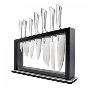 Conjunto de Facas Cuisine::pro Damashiro 8 Peças Satori com Bloco em Acácia e Lâminas Inspiradas em Damasco