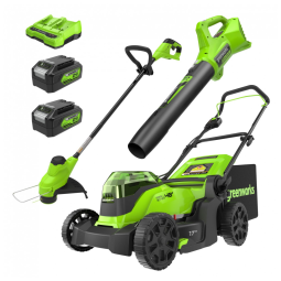 Kit Combo Greenworks 48V: Cortador de Grama de 17 polegadas, Aparador de Grama de 12 polegadas e Soprador de 320CFM, com 2 Baterias de 4.