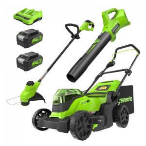 Kit Combo Greenworks 48V: Cortador de Grama de 17 polegadas, Aparador de Grama de 12 polegadas e Soprador de 320CFM, com 2 Baterias de 4.