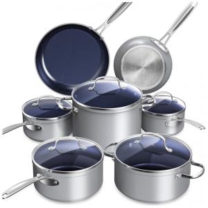 Conjunto de Panelas Antiaderente em Cerâmica 12 Peças com Infusão de Diamante, sem PTFE e PFOA, Seguro para Forno, Tampas de Vidro Temperado