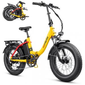Bicicleta Elétrica Dobrável Hipeak Elias-Step Thru 750W – Pneus Largos, Suspensão Dianteira, Rodas 20", 7 Marchas, Cesta Inclusa – Amarelo