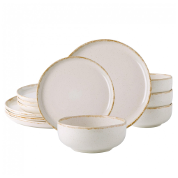 Aparelho de Jantar em Cerâmica AmorArc, Pratos e Tigelas de Pedra com Borda Ondulada, Resistente a Rachaduras e Chips, Conjunto de 12 Peças