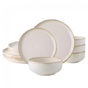 Aparelho de Jantar em Cerâmica AmorArc, Pratos e Tigelas de Pedra com Borda Ondulada, Resistente a Rachaduras e Chips, Conjunto de 12 Peças